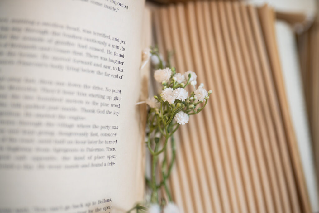 white babys breath flowers in a book